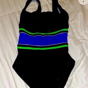 Black Swimsuit with Blue and Green Stripes